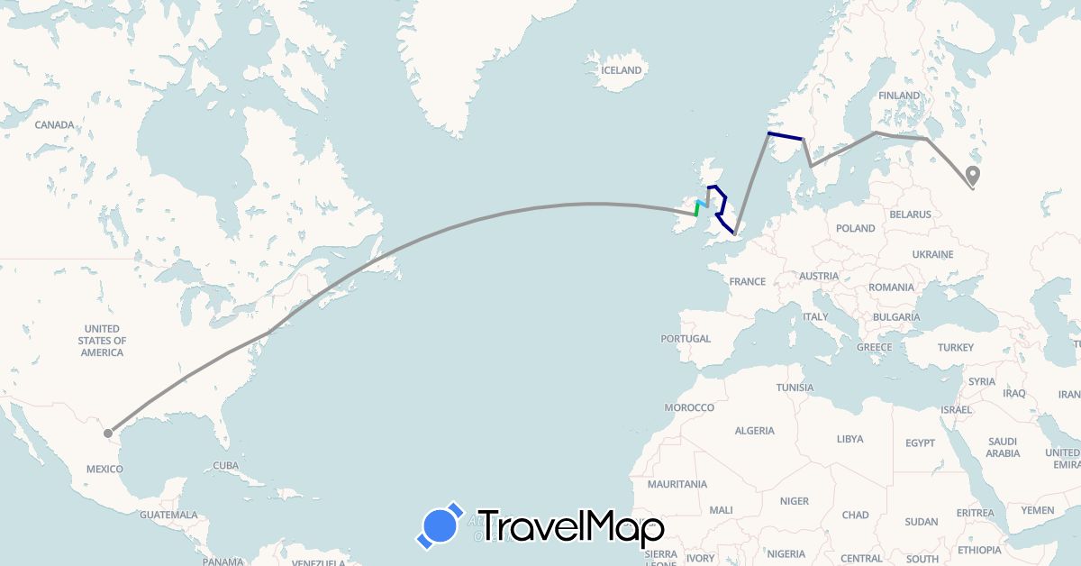 TravelMap itinerary: driving, bus, plane, boat in Finland, United Kingdom, Ireland, Isle of Man, Norway, Russia, Sweden, United States (Europe, North America)